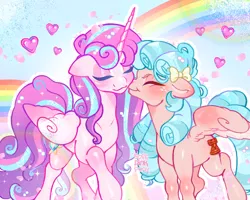 Size: 2048x1638 | Tagged: safe, artist:softpinkscribbles, derpibooru import, cozy glow, princess flurry heart, alicorn, pegasus, pony, g4, blue background, blushing, bow, duo, duo female, ear blush, eyes closed, eyeshadow, female, floppy ears, folded wings, girly, hair bow, heart, image, jpeg, kiss on the cheek, kissing, lesbian, light blue background, makeup, mare, older, older cozy glow, older flurry heart, partially open wings, pink eyeshadow, rainbow, ringlets, ship:cozyheart, shipping, simple background, wings