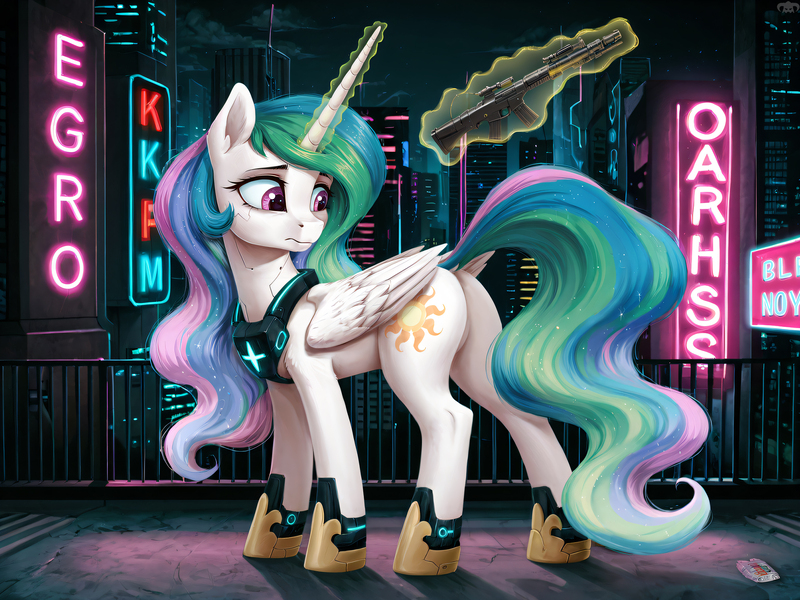 Size: 2048x1536 | Tagged: safe, ai content, derpibooru import, machine learning assisted, prompter:dovakkins, princess celestia, alicorn, pony, g4, butt, cute, cyberpunk, ear fluff, featureless crotch, female, folded wings, gun, image, implants, jpeg, looking back, magic, magic aura, mare, missing accessory, neon, plot, scared, scaredlestia, skyscraper, soda can, tail, watermark, wavy mane, wavy tail, weapon, wings