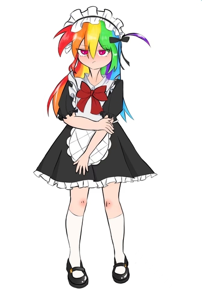 Size: 1343x1933 | Tagged: safe, artist:a513180811, derpibooru import, rainbow dash, human, g4, clothes, humanized, image, jpeg, maid, rainbow maid, simple background, solo, white background