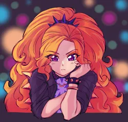 Size: 1541x1476 | Tagged: safe, artist:rileyav, derpibooru import, adagio dazzle, human, equestria girls, g4, abstract background, adoragio, bokeh, bracelet, clothes, cute, eye clipping through hair, eyebrows, eyebrows visible through hair, female, frown, hand on chin, humanized, image, jacket, jewelry, leather, leather jacket, looking at you, png, shirt, solo, spiked wristband, wristband