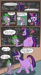 Size: 6600x12000 | Tagged: safe, artist:pony quarantine, derpibooru import, spike, twilight sparkle, unicorn, fanfic:short stories with pregnant ponies, chalkboard, comic, commission, dialogue, image, png, preglight sparkle, pregnant, unicorn twilight