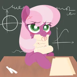 Size: 1800x1800 | Tagged: safe, artist:meteor s, derpibooru import, cheerilee, earth pony, pony, g4, angry, blush sticker, blushing, chalk, chalkboard, cheeribetes, cheerilee is not amused, cross-popping veins, cute, emanata, f, fail, female, image, madorable, mare, math, mouth hold, paper, png, red little book source, solo, test paper, unamused