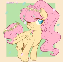 Size: 1500x1495 | Tagged: safe, artist:meteor s, derpibooru import, fluttershy, pegasus, pony, g4, alternate hairstyle, alternate tailstyle, cute, female, floral head wreath, flower, flower in hair, image, mare, one eye closed, passepartout, petals, png, ponytail, red little book source, shyabetes, smiling, solo, tail, wreath