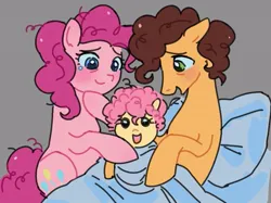 Size: 667x500 | Tagged: safe, artist:dulcesilly, derpibooru import, cheese sandwich, li'l cheese, pinkie pie, earth pony, pony, the last problem, baby, baby pony, bed, blushing, cheesepie, family, female, foal, gray background, image, jpeg, male, messy mane, on bed, open mouth, open smile, shipping, simple background, smiling, straight, swaddled baby, teary eyes, trio