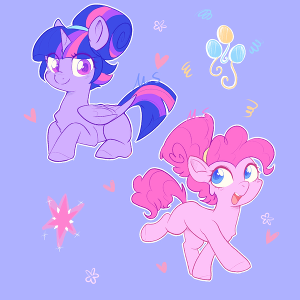 Size: 1800x1800 | Tagged: safe, artist:meteor s, derpibooru import, pinkie pie, twilight sparkle, twilight sparkle (alicorn), alicorn, earth pony, pony, g4, alternate hairstyle, cute, diapinkes, duo, duo female, eye clipping through hair, female, heart, image, lesbian, mare, png, red little book source, shipping, smiling, twiabetes, twinkie