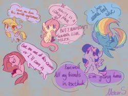 Size: 1080x810 | Tagged: safe, artist:meteor s, derpibooru import, derpy hooves, fluttershy, pinkie pie, rainbow dash, twilight sparkle, twilight sparkle (alicorn), alicorn, earth pony, pegasus, pony, g4, cute, depressed, depressing, depression, dialogue, image, pinkamena diane pie, png, red little book source, sad, sadorable, song reference, speech bubble, thought bubble