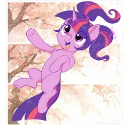 Size: 1080x1080 | Tagged: safe, artist:meteor s, derpibooru import, twilight sparkle, pony, unicorn, g4, alternate hairstyle, cherry blossoms, chest fluff, cute, double tail, eye clipping through hair, flower, flower blossom, horn, image, leg fluff, multiple tails, open mouth, open smile, pigtails, png, red little book source, smiling, solo, tail, twiabetes, twintails, unicorn twilight