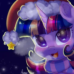 Size: 1080x1080 | Tagged: safe, artist:meteor s, derpibooru import, twilight sparkle, pony, g4, blush sticker, blushing, breathing, christmas, clothes, cute, hat, holiday, horn, image, png, red little book source, santa hat, scarf, solo, striped scarf, twiabetes