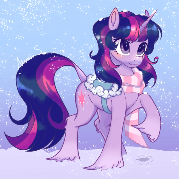 Size: 1080x1080 | Tagged: safe, artist:meteor s, derpibooru import, twilight sparkle, pony, unicorn, g4, clothes, horn, image, png, red little book source, saddle, scarf, snow, snowfall, solo, striped scarf, tack, unicorn twilight, unshorn fetlocks, winter