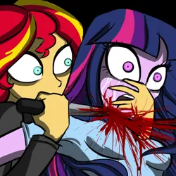 Size: 2160x2160 | Tagged: grimdark, artist:brokenadam, artist:pinkanon, derpibooru import, sunset shimmer, twilight sparkle, twilight sparkle (alicorn), alicorn, equestria girls, g4, absurd resolution, abuse, blood, breasts, crying, duo, female, image, knife, murder, png, slit throat, twilybuse