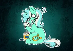 Size: 2480x1748 | Tagged: safe, artist:sweetpea-and-friends, derpibooru import, lyra heartstrings, pony, unicorn, g4, blank eyes, caught, eating, exclamation point, female, food, horn, image, interrobang, l.u.l.s., looking at you, looking back, looking back at you, looking over shoulder, mare, mayonnaise, png, question mark, sauce