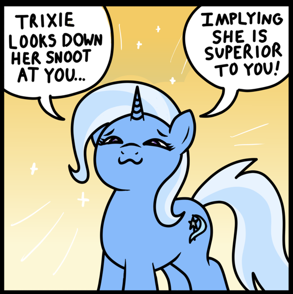 Size: 1161x1167 | Tagged: artist needed, safe, anonymous editor, derpibooru import, edit, trixie, ponified, pony, unicorn, g4, :3, abstract background, colored, comic, cropped, dialogue, drawthread, female, frame, gradient background, horn, image, looking at you, looking down, looking down at you, mare, png, ponified comic, requested art, smug, third person