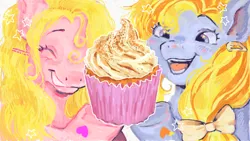 Size: 1174x664 | Tagged: safe, artist:tearyeyedanimal, derpibooru import, autumn skye, cupcake (g3), earth pony, pony, g3, awwtumn skye, cupcake, cute, duo, female, food, hoof heart, image, jpeg, mare, pumpkin spice cupcake, underhoof