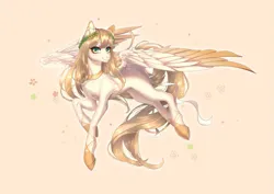 Size: 1063x752 | Tagged: safe, artist:mian1205, derpibooru import, oc, unnamed oc, unofficial characters only, pegasus, pony, ballet boots, ballet slippers, blonde mane, blonde tail, clothes, colored wings, commission, cream coat, digital art, digital painting, eyelashes, floral head wreath, flower, green eyes, high heels, image, laurel crown, laurel wreath, pegasus oc, petals, png, shiny mane, shiny tail, shoes, simple background, tail, two toned wings, wings