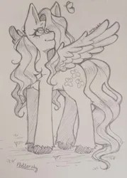 Size: 859x1200 | Tagged: safe, artist:mrln_zz, derpibooru import, fluttershy, butterfly, insect, pegasus, pony, g4, eyelashes, feathered wings, female, image, long legs, long mane, long tail, looking up, meadow, monochrome, pencil drawing, png, smiling, solo, solo female, spread wings, tail, traditional art, unshorn fetlocks, wavy mane, wavy tail, wings