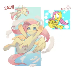 Size: 2048x1928 | Tagged: safe, artist:ianxy2, derpibooru import, fluttershy, pegasus, pony, g4, cloud, comparison, cute, female, fluttershy plushie, flying, image, mare, outstretched arms, plushie, png, redraw, self plushidox, shyabetes, signature, smiling, solo, spread wings, wings