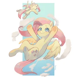 Size: 2048x2034 | Tagged: safe, alternate version, artist:ianxy2, derpibooru import, fluttershy, pegasus, pony, g4, cloud, cute, female, fluttershy plushie, flying, high res, image, mare, outstretched arms, plushie, png, self plushidox, shyabetes, signature, smiling, solo, spread wings, wings