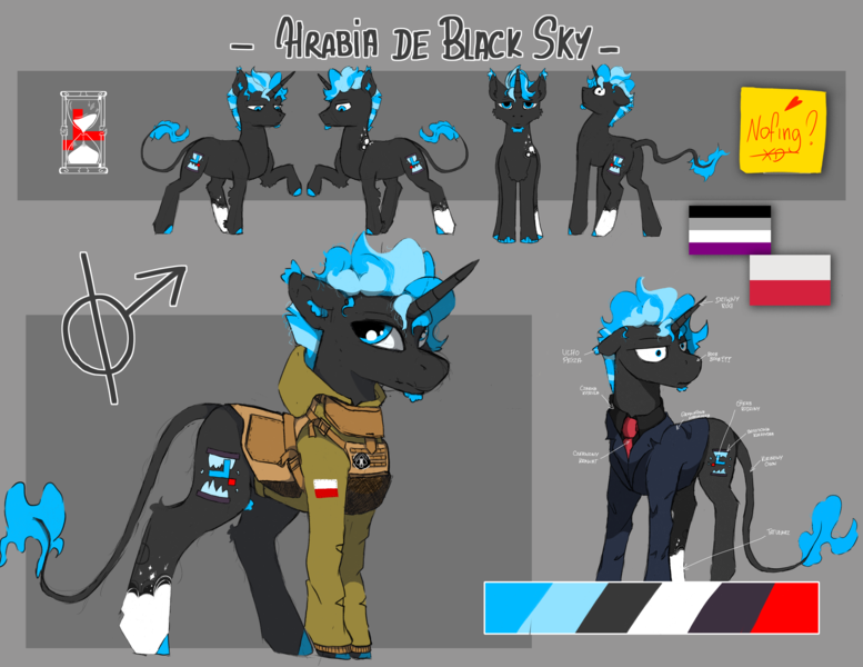 Size: 4508x3480 | Tagged: safe, artist:hrabiadeblacksky, derpibooru import, oc, oc:hrabia de black sky, unofficial characters only, hybrid, pony, unicorn, g4, the mane attraction, armor, asexual pride flag, blue mane, clothes, commission, commission open, flag, horn, image, jacket, military, military pony, military uniform, navy blue jacket, necktie, patterned background, png, polish flag, poses, pride, pride flag, reference sheet, reference sheet in description, soldier, soldier pony, solo, tactical vest, tear-out card, uniform, vest