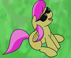 Size: 1325x1080 | Tagged: safe, artist:anonymous, sunny rays, pegasus, pony, /mlp/, 4chan, female, image, jpeg, mare, open mouth, simple background, sitting, smiling, solo, sunbathing, sunglasses