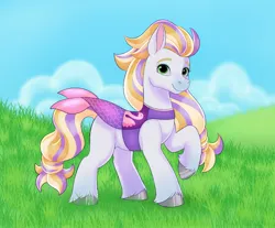 Size: 3216x2660 | Tagged: safe, artist:sproutxmalarkey, derpibooru import, bird, flamingo, horse, pony, eyeshadow, female, finley (wild manes), fish tail, grass, image, jpeg, makeup, mare, mermaid tail, raised hoof, sky, smiling, solo, tail, wild manes