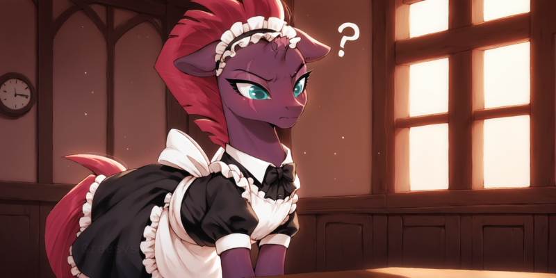 Size: 2400x1200 | Tagged: suggestive, ai content, derpibooru import, machine learning generated, prompter:greesys, tempest shadow, pony, unicorn, clothes, horn, image, indoors, maid, maid headdress, png, question mark, solo