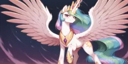 Size: 2400x1200 | Tagged: safe, ai content, derpibooru import, machine learning generated, prompter:greesys, princess celestia, alicorn, pony, glow, glowing horn, horn, image, looking at you, png, ready to fight, spread wings, watermark, wings