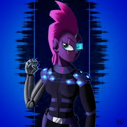 Size: 1500x1500 | Tagged: safe, artist:jphyperx, derpibooru import, tempest shadow, equestria girls, g4, amputee, armor, cyberpunk, electricity, image, png, prosthetic limb, prosthetics, retrowave, synthwave, visor, weapon