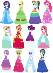 Size: 1280x1765 | Tagged: safe, artist:krystal-red-squirrel, artist:selenaede, derpibooru import, applejack, fluttershy, indigo zap, lemon zest, pinkie pie, rainbow dash, rarity, sci-twi, sour sweet, sugarcoat, sunny flare, sunset shimmer, twilight sparkle, human, equestria girls, g4, applejack also dresses in style, base used, blue dress, clothes, dress, ear piercing, earring, female, fingerless gloves, fluttershy also dresses in style, glasses, gloves, goggles, green dress, hair bun, hairstyle, humane five, humane seven, humane six, image, jewelry, loose hair, necklace, piercing, pink dress, pinkie pie also dresses in style, png, ponytail, purple dress, rainbow dash always dresses in style, rainbow dress, rarity always dresses in style, red dress, simple background, smiling, sparkly dress, strapless, twilight sparkle always dresses in style, white background