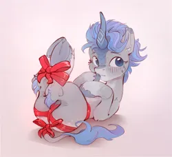 Size: 2166x1972 | Tagged: suggestive, artist:itssim, derpibooru import, oc, oc:aleutian avalanche, unofficial characters only, kirin, pony, blue eyes, blue mane, blushing, bow, coat markings, curved horn, female, gray coat, horn, image, kirin oc, long tail, looking away, lying down, mare, on back, png, ribbon, socks (coat marking), tail