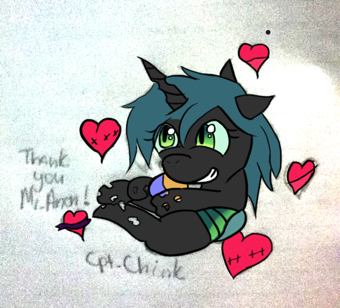 Size: 720x654 | Tagged: safe, artist:cpt-chunk, artist:cpt. chunk, colorist:anonymous, queen chrysalis, changeling, changeling queen, nymph, /mlp/, 4chan, colored, dialogue, digitalized, drawthread, female, filly queen chrysalis, grin, heart, heart plush, image, implied anon, plushie, png, signature, slit eyes, smiling, solo, traditional art, younger