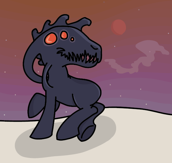 Size: 582x552 | Tagged: safe, artist:trippershy, oc, unofficial characters only, monster pony, original species, /mlp/, 4chan, drawthread, h.r. giger, image, moon, multiple eyes, png, raised hoof, red eyes, shadow, sharp teeth, sky, solo, stars, teeth