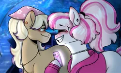 Size: 1805x1080 | Tagged: safe, artist:basil, artist:dj axel, derpibooru import, horse, pony, alternate hairstyle, aquarium, bailey (wild manes), blushing, candi (wild manes), clothes, date, duo, duo female, ear piercing, earring, eyes closed, female, headscarf, image, jewelry, jpeg, jumper, lesbian, looking at each other, looking at someone, mare, necklace, phone, piercing, ponytail, scarf, ship:candibailey (wild manes), shipping, smiling, wild manes