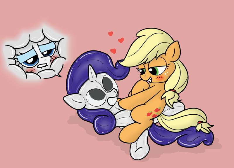 Size: 3493x2517 | Tagged: suggestive, artist:tomlooksatstuff, derpibooru import, applejack, rarity, blushing, clothes, duo, duo female, female, grin, image, png, rubber suit, shiny, simple background, smiling, suit