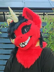 Size: 1536x2048 | Tagged: safe, artist:chaoticreation, derpibooru import, oc, oc:glitch, unofficial characters only, unicorn, bust, fursuit, fursuit head, gritted teeth, horn, image, irl, jpeg, outdoors, photo, ponysuit, portrait, solo, teeth