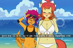 Size: 1159x758 | Tagged: suggestive, artist:shitsandgiggles, derpibooru import, aunt holiday, scootaloo, anthro, earth pony, pegasus, bandage, beach, belly button, big breasts, bikini, blushing, breasts, bubble, busty aunt holiday, clothes, cloud, elbow pads, image, implied breastfeeding, mother daughter boob envy, mother daughter boob envy meme, open mouth, open smile, outdoors, png, ponytail, side-tie bikini, sports bra, sunglasses, swimsuit, want it need it, water, winged anthro, wristband