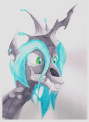 Size: 1700x2338 | Tagged: semi-grimdark, artist:hombre cerdo, queen chrysalis, changeling, changeling queen, /mlp/, 4chan, alternate design, bust, drawthread, ear piercing, fangs, female, horse skull, image, jpeg, piercing, skull head, solo, traditional art