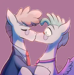 Size: 2034x2060 | Tagged: safe, artist:bkiltersot, derpibooru import, feather flatterfly, svengallop, earth pony, pegasus, pony, g4, clothes, eyes closed, gay, glasses, image, kiss on the lips, kissing, male, necktie, passepartout, pink background, png, pulling, ship:feathergallop, shipping, side view, signature, simple background, spread wings, stallion, suit, surprised, wings