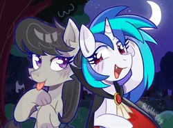 Size: 1444x1064 | Tagged: safe, artist:rlabbiy, derpibooru import, octavia melody, princess luna, vinyl scratch, alicorn, earth pony, pony, unicorn, animal costume, bush, cat costume, clothes, costume, female, forest, horn, image, jpeg, mare, moon, nature, night, nightmare night costume, outdoors, starry night, text, tree, vampire costume