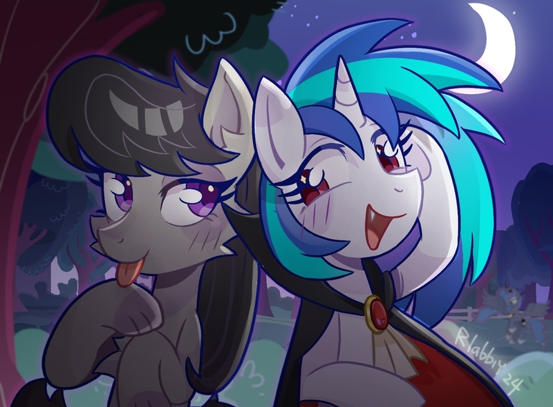 Size: 1444x1064 | Tagged: safe, alternate version, artist:rlabbiy, derpibooru import, octavia melody, princess luna, vinyl scratch, alicorn, earth pony, pony, unicorn, animal costume, bush, cat costume, clothes, costume, female, forest, horn, image, jpeg, mare, moon, nature, night, nightmare night costume, outdoors, starry night, text, tree, vampire costume