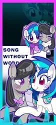 Size: 861x1920 | Tagged: safe, artist:rlabbiy, derpibooru import, octavia melody, vinyl scratch, earth pony, pony, unicorn, blushing, clothes, earbuds, eyes closed, female, headphones, horn, hug, image, jpeg, lesbian, mare, passepartout, scarf, text, tongue out