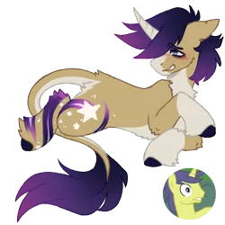 Size: 1000x1000 | Tagged: safe, artist:kazmuun, derpibooru import, comet tail, pony, unicorn, g4, alternate coat color, alternate design, alternate mane color, alternate tail color, alternate tailstyle, blaze (coat marking), blue eyes, blush lines, blushing, brown coat, cascading cutie mark, cheek fluff, chest fluff, coat markings, colored eyebrows, colored hooves, colored horn, curved horn, ear fluff, eyebrows, eyebrows visible through hair, facial markings, gradient mane, gradient tail, hock fluff, hooves, horn, image, leg markings, leonine tail, lidded eyes, long tail, lying down, navy hooves, png, prone, purple mane, purple tail, raised hoof, redesign, reference used, shoulder fluff, simple background, slit pupils, smiling, socks (coat marking), star mark, stars, tail, tail fluff, tail markings, tan coat, transparent background, unicorn horn