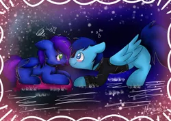 Size: 3508x2480 | Tagged: safe, artist:mashee, derpibooru import, oc, oc:apply, oc:nightstaroc, unofficial characters only, bat pony, pegasus, image, looking at each other, looking at someone, png