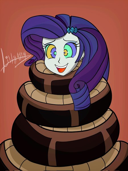 Size: 1536x2048 | Tagged: safe, artist:hiromasayoshi, artist:whitty101919, derpibooru import, rarity, human, snake, equestria girls, g4, coils, cute, female, hypno eyes, hypnosis, hypnotized, image, jpeg, kaa, kaa eyes, open mouth, open smile, raribetes, smiling, wrapped snugly, wrapped up