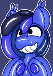 Size: 1582x2264 | Tagged: suggestive, artist:askhypnoswirl, derpibooru import, oc, oc:guard cobalt flash, unofficial characters only, bat pony, bat pony oc, bat wings, bean mouth, blue background, commission, grin, icon, image, implied transformation, png, pool toy, seams, simple, simple background, smiling, underhoof, white outline, wings, ych result