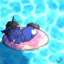 Size: 768x768 | Tagged: safe, artist:fluffyghost, derpibooru import, oc, oc:night reader, bat pony, hybrid, unicorn, bat pony oc, bat wings, commission, horn, hybrid oc, image, inner tube, png, pool toy, relaxing, summer, sunglasses, swimming pool, unicorn oc, water, wings, ych result