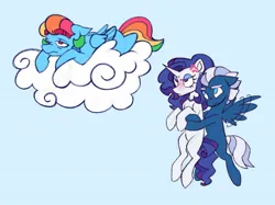 Size: 1337x1001 | Tagged: safe, artist:partyponypower, derpibooru import, night glider, rainbow dash, rarity, pegasus, pony, unicorn, g4, alternate eye color, alternate hairstyle, alternate universe, bags under eyes, blue background, blue coat, blue eyes, blue eyeshadow, blushing, cloud, colored, colored sketch, cross-popping veins, curly mane, curly tail, ear piercing, earring, emanata, eyebrows, eyebrows visible through hair, eyelashes, eyeshadow, female, flat colors, floppy ears, flying, folded wings, fringe, frown, holding a pony, hooves around waist, horn, ignoring, image, jewelry, jpeg, lesbian, lidded eyes, long mane, long tail, looking at someone, lying down, lying on a cloud, makeup, male, missing cutie mark, motion lines, multicolored hair, necklace, no catchlights, no pupils, on a cloud, one sided shipping, pearl earrings, pearl necklace, physique difference, piercing, pouting, purple mane, purple tail, rainbow hair, rainbow tail, red eyes, sad, ship:raridash, shipping, short hair rainbow dash, short mane, simple background, sketch, sky background, slender, tail, thick eyebrows, thin, trans male, trans rainbow dash, transgender, trio, two toned mane, two toned tail, unicorn horn, wall of tags, white coat, wings