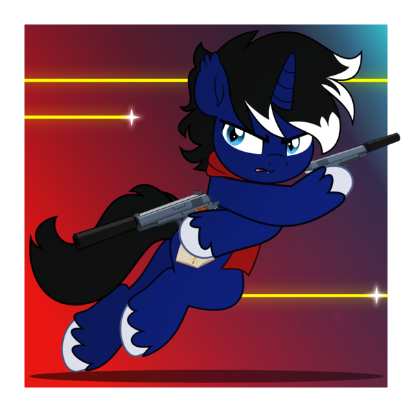 Size: 5000x5000 | Tagged: safe, artist:jhayarr23, derpibooru import, oc, oc:night reader, unofficial characters only, bat pony, hybrid, unicorn, bat pony oc, bat wings, clothes, commission, gradient background, gun, handgun, horn, hybrid oc, image, pistol, png, running, scarf, solo, suppressor, unicorn oc, weapon, wings, ych result