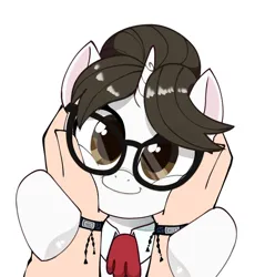 Size: 1052x1102 | Tagged: safe, artist:mar0x8, derpibooru import, raven, human, pony, unicorn, g4, bangs, bracelet, clothes, commission, commissioner:pony4koma, cute, female, glasses, hair bun, hand, horn, human on pony petting, image, jewelry, jpeg, lipstick, looking at you, male, male pov, mare, necktie, offscreen character, offscreen male, petting, pov, ravenbetes, secretary, simple background, smiling, smiling at you, solo focus, squishy cheeks, weapons-grade cute, white background, ych result