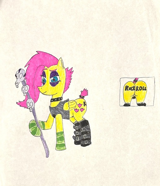 Size: 1902x2214 | Tagged: suggestive, artist:martialarts2003, derpibooru import, fluttershy, pony, boots, butt, butt tattoo, clothes, collar, flutterpunk, image, jpeg, plot, punk, shirt, shoes, short tail, staff, tail, tattoo, traditional art, womb tattoo