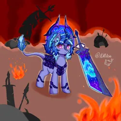 Size: 4096x4096 | Tagged: safe, artist:dw_atias, derpibooru import, oc, oc:illusory, unofficial characters only, kirin, armor, claymore, colored ear fluff, colored eyelashes, colored pinnae, detailed background, ear fluff, eyeshadow, female, fire, floating sword, frown, helmet, image, kirin oc, leonine tail, makeup, png, purple coat, purple eyes, red eyelashes, red eyeshadow, shadow, signature, simple background, solo, standing, sword, tail, two toned mane, two toned tail, weapon